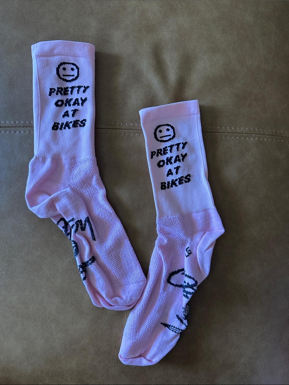 “Pretty Okay At Bikes” Pink Crew Socks